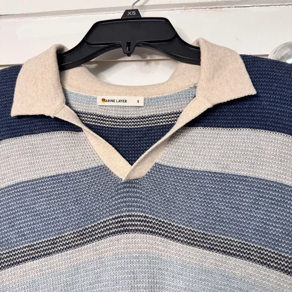Marine Layer Liam Sweater Polo in Blue Multi Striped Shirt - Picture 5 of 8